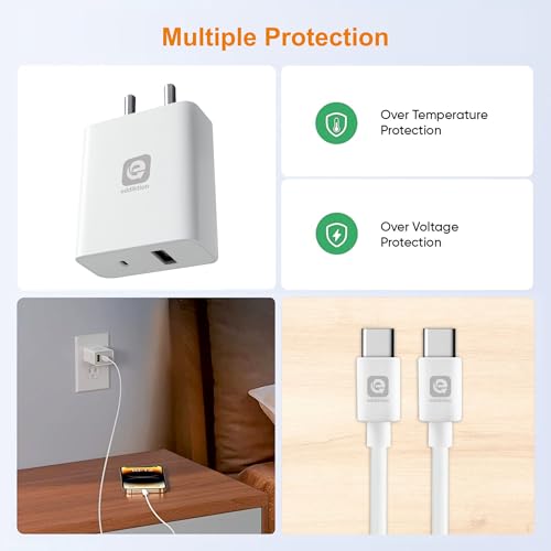 Image of Original 65W Fast Charger Adapter with USB C Cable | Dual Port USB A + Type C PD 3.0 Supports SuperVOOC Fast Charging | Compatible with iPhones, Poco, Samsung & More Androids | White