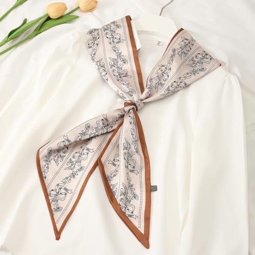 1PC Floral Print Hair Scarf, Purse Bag Scarfs For Handbags, Silky Long Thin Satin Headscarf for Women, Fashionable Hair Accessory for Casual Wear, Stylish Headwrap for Daily Use(Brown&White)2