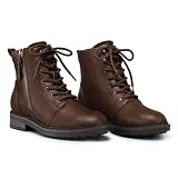 SHIBEVER Brown Ankle Boots for Women Lace-up Flat Combat Boots Comfortable