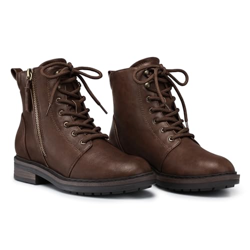 SHIBEVER Combat Ankle Boots Women: Lace-up Fall Boots for Women 2025 Flat Causal Lug Sole Zipper Leather Short Booties