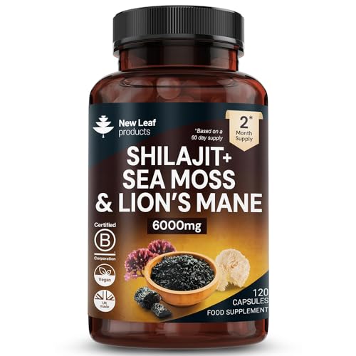 Shilajit Seamoss and Lions Mane Capsules 6000mg - High Strength Complex - 60% Fulvic Acid Shilajit Irish Sea Moss Lions Mane 100% Fruiting Body - Vegan UK Made 120 Capsules