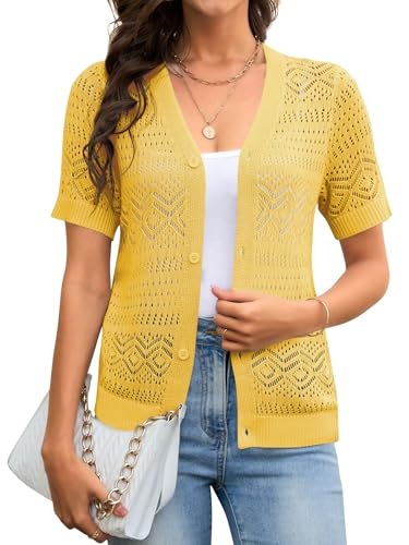Image of Women's Summer Short Sleeve Cardigans Lightweight Crochet Sweaters V Neck Button up Cardigan for Dress