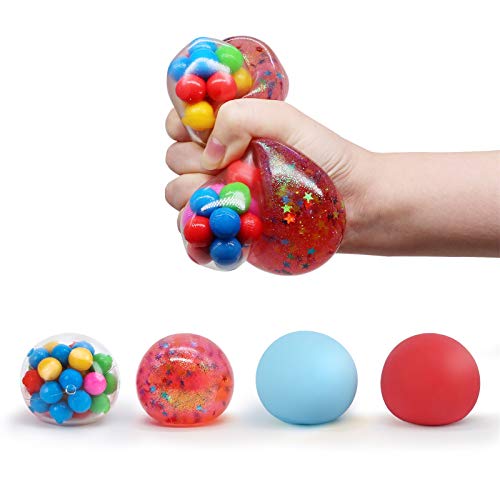 TOYCRAZ Squishy Stress Balls Toy, Squeezing Stress Relief Ball (4-Pack) for Kids Adults Teens, Colorful Funny Fidget Sensory Toys for Anxiety, ADHD, Bad Habits and More