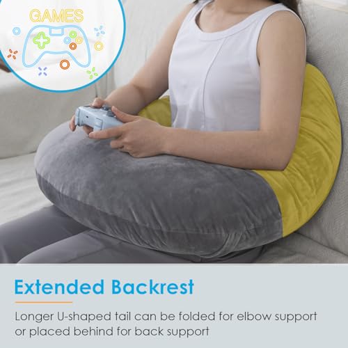 Image of QUEEN ROSE Reading Pillow, Gaming Pillow for Lap, Sitting in Bed or Sofa, Extra Arm Rest for Reading, Playing or Crocheting, Soft Velvet Grey