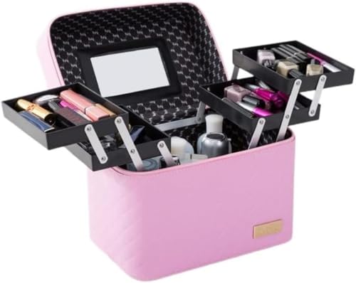 Danussiコスメボックス 鏡付き メイクボックス 大容量 化粧ボックス 化粧品収納 化粧ポーチ 防水 持ち運び 機能的 プロ用 (ピンク)