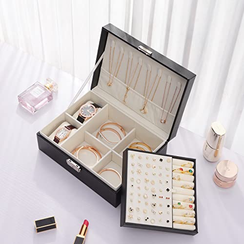 Jewelry Box For Women Girls Wife Ladies, Two Layer Jewelry Organizer With Removable Tray Display Earrings Bracelets Rings Necklaces, Pu Leather & Velvet Lined Jewelry Storage Case, Ideal Gift (Black) #TOP5