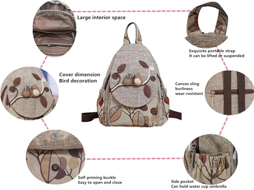 Image of Womens Cotton Hemp Cloth Backpack Boho Vintage Embroidered Casual Purse Handbags Messenger Two little Birds