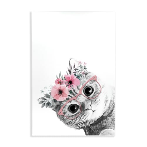 Stupell Industries Pink Flower Crown Cat Glasses Monochrome Simple, Design by Annalisa Latella, 10 x 15, White