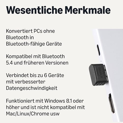 Amazon Basics Bluetooth 5.4 USB-Adapter-Dongle für PC, USB-Empfänger für Bluetooth-Maus, Tastatur, Laptop, mit Windows 11/10/8.1 kompatibel – Ansicht 2
