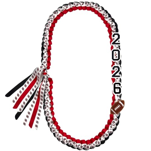 Aunthvra 2026 Graduation Football Ribbon Leis Black Red White Sports Game Honor Leis School Team Football Braided Ribbon Necklace for High School College Graduation Party Decor