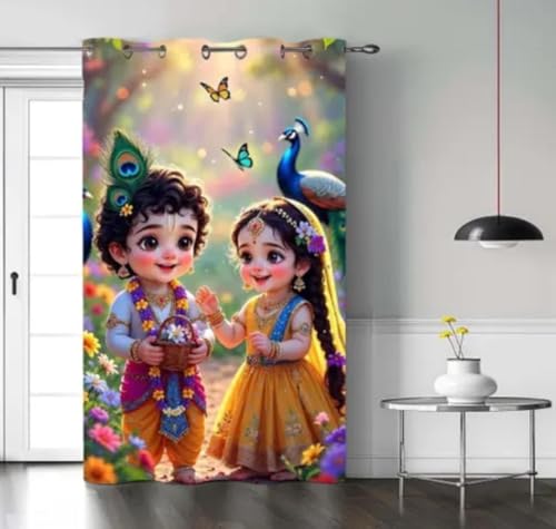 Image of Digital Printed Curtain with Pink Rose and Butterfly Design, 7 Feet, Grommet Top, White (2, Bal Krishna Holi, 7 Feet)