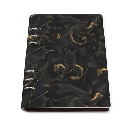 Carnet de voyage ligné A5 en cuir noir et doré avec motif dragon, bloc-notes rechargeable 90 pages