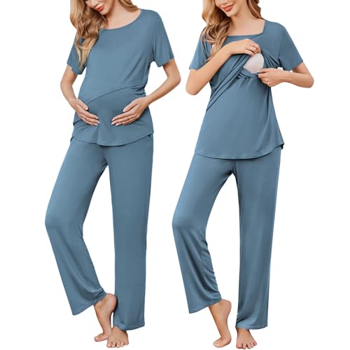 Image of Ekouaer Women's Nursing Pajamas Maternity Pajama Postpartum PJS Breastfeeding Short Sleeve Top & Pants Sets with Pockets