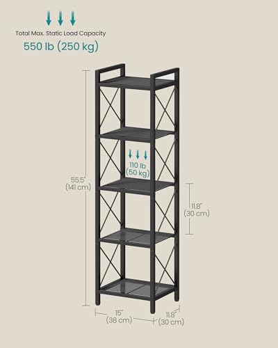 Image of SONGMICS 5-Tier Steel Storage Rack, Shelving Unit with X Side Frames | Dense Mesh, 12.6 x 15.7 x 57.3 Inches, Traditional Basic Style, Matte Black, DACEY Collection UBSC145B01