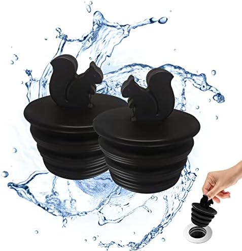 Bathtub Stopper, 2 Pack Universal Bathtub Plug Silicone Bathtub Stopper Bathtub Drain Stopper Plug Tub Stopper for Kitchen Bathtub and Bathroom Sink Drains, Black Plug Cute Squirrel Shape, 2 Count