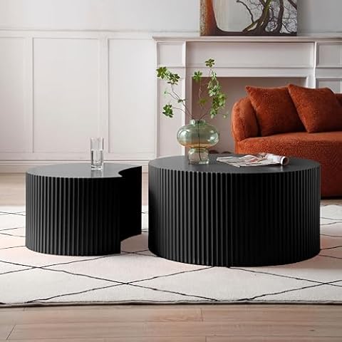 31.5" Round Wood Coffee Table Set of 2, Wood Circle Embossed Design Coffee Table Coffee Table ＆ End Table Side Table for Living Room,No Need Assembly (Black) Cover