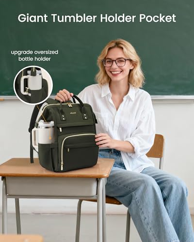 Image of LOVEVOOK Laptop Backpack for Women with Giant Tumbler Holder Pocket,15.6 inch Waterproof Travel Backpack Purse Computer Laptop Bag,Professional Work College Nurse Teacher Backpack Daypack,Olive Green
