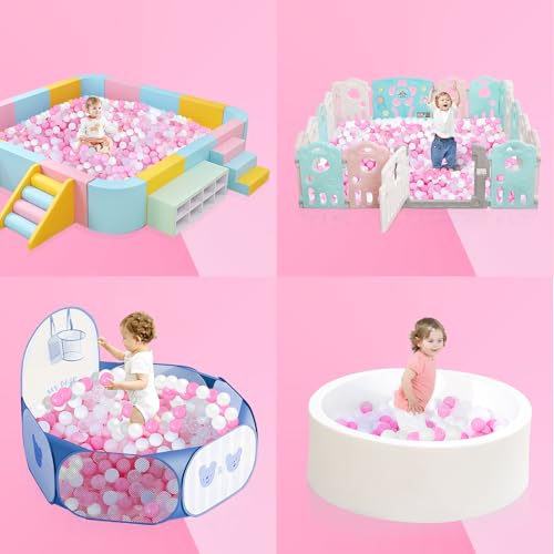 EOSAU 100 Ball Pit Balls for Toddlers, Phthalate & BPA Free Plastic Balls, Crush Proof 2.16\" Colorful Balls for Ball Pit Play Toys for Kids with Storage Bag (Pink, White, Clear) - Thumbnail 2