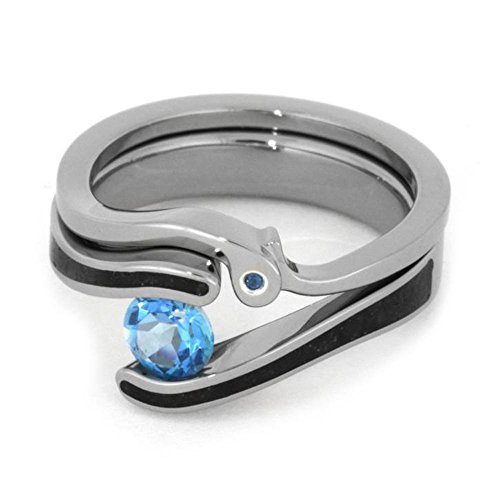 The Men's Jewelry Store (Unisex Jewelry) Aquamarine Tension-Set Ring And Ebony Wood, Gibeon Meteorite, Guitar String Titanium Band, His And Hers Rings M 11-F8 #TOP1