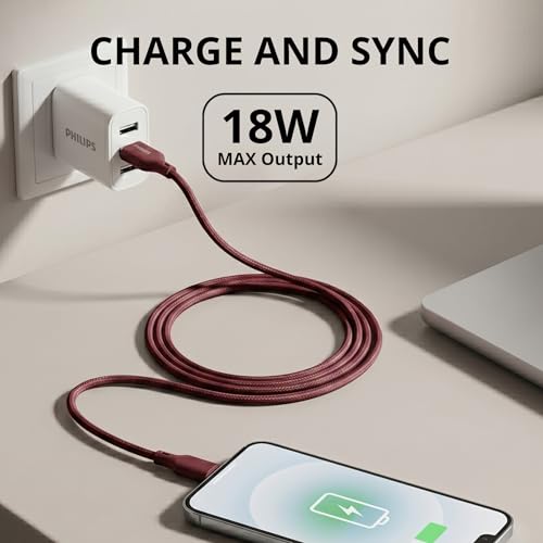 Image of PHILIPS DLC4130AI /94 18W Type-A to Type-C Fast Charging Cable (1m, Iron Red) | Nylon Braided | Compatible with iPhone 15+ Series, USB-C iPad Models, Samsung Galaxy & All Type C Devices