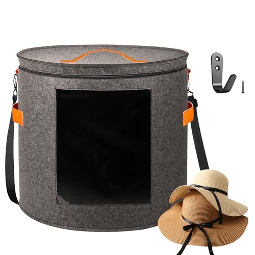 kushon Oversized Hat Storage Box for Women & Men，19" D x 17" H Cowboy Hat Boxes with 1 Wood Hook Felt travel Round Hat Organizer Box with Dustproof Lid (Gray) by kushon - Used condition - US$17.79