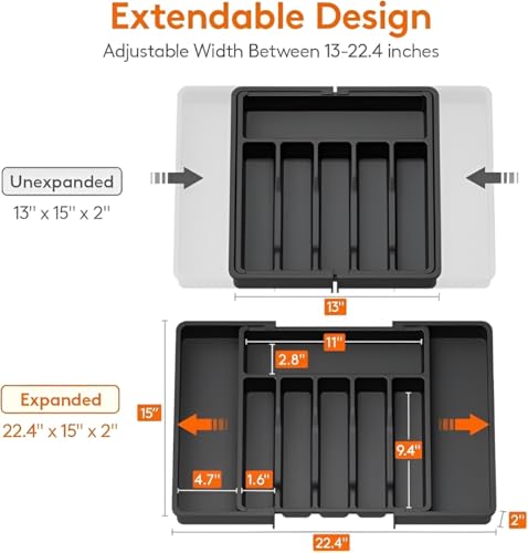 Image of Expandable Utensil Organizer for Kitchen Drawer - Adjustable Plastic Cutlery and Flatware Tray with 8 Compartments, BPA Free Silverware Holder for Spoons, Knives, Spatula and Cooking Tools