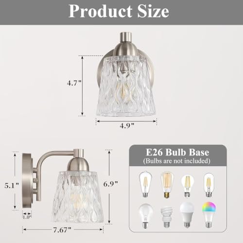 Image of Mecgirn Stainless Steel Bathroom Vanity Light Over Mirror, 1 Light Brushed Nickel Bathroom Light Fixtures with Textured Glass Shades, Modern Vanity Lighting Wall Mount
