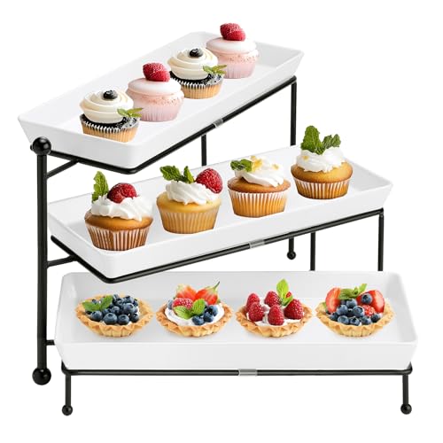 Yedio 3 Tiered Serving Stand, Foldable Rectangular Food Display Stand with White Platters - Serving Trays, Dessert Display Server for Brithday Party, Valentine's Day and Events