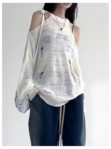 SweatyRocks Women's Hollow Out Sheer Knit Sweater Cold Shoulder Long Sleeve Y2K Pullover Tops3