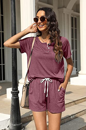 Image of WIHOLL Two Piece Outfits for Women Lounge Sets Button Down Top and Shorts Set Sweatsuits with Pockets
