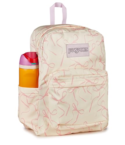 Image of JanSport SuperBreak Plus Backpack with Padded 15-inch Laptop Sleeve and Integrated Bottle Pocket - Spacious and Durable Daypack for Work and Travel, Rows Of Bows Natural /Pink Ice