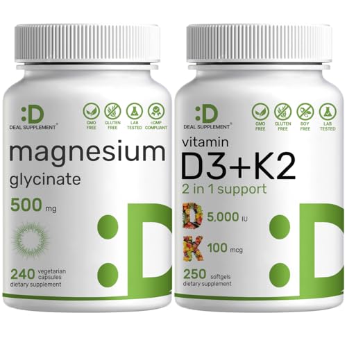 Magnesium Glycinate 500mg Veggie Capsules & Vitamin D3 5,000iu + K2 100mcg Softgels Bundle – Easily Absorbed Chelated Mineral – D & K Essential Sunshine Vitamins