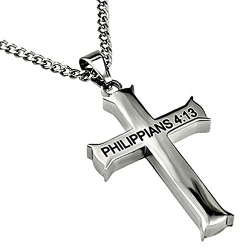 Philippians 4:13 Jewelry, Cross Necklace STRENGTH Bible Verse, Stainless Steel with Ball Chain (24" Curb Chain)2