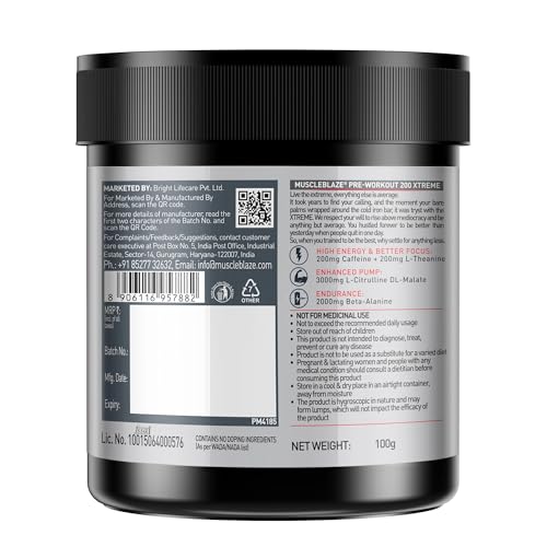 Image of MuscleBlaze Pre Workout 200 Xtreme Powder, Fruit Punch (100g) + Cyclone Blender Gym Shaker (700ml)