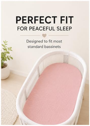 Image of 3-Pack Organic Muslin Bassinet Fitted Sheets, Compatible with Halo, Snoo, Graco, Dream On Me, Delta, and Other Standard Size Bassinets - Fits Oval, Hourglass, & Rectangle Shapes (32 x 16 x 4 Inches)
