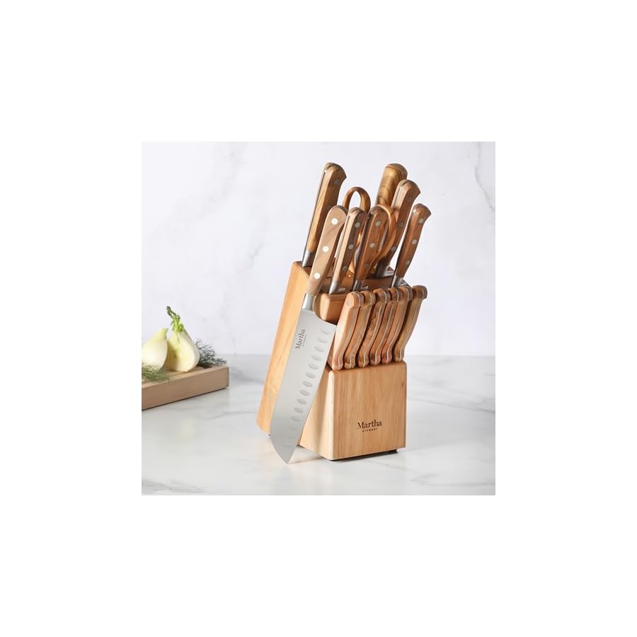 Martha Stewart Austenwood 15-Piece Knife Block Set, German Stainless Steel Kitchen Knives with Forged Italian Olive Wood Handle