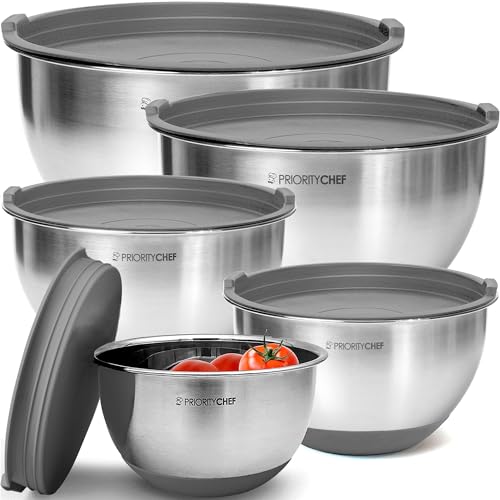 Priority Chef Premium Mixing Bowls With Airtight Lids Set, Thicker Stainless Steel Mixing Bowl Set, Large Prep Metal Bowls with Lids, Nesting Bowls for Kitchen, 1.5/2/3/4/5 Qrt, Grey by Priority Chef - Used condition - US$39.49