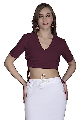 Image of THE BLAZZE B4048 Women's Cotton Plunge V Neck Half Sleeves Adjustable Drawstring Crop Top Readymade Saree Blouse for Women