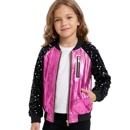 Image of WELAKEN Girls Sequin Sparkle Zip Bomber Jacket | Sequin sleeves, shiny bomber style, ribbed trim, smooth zipper and side pockets for party, dance, school and photos