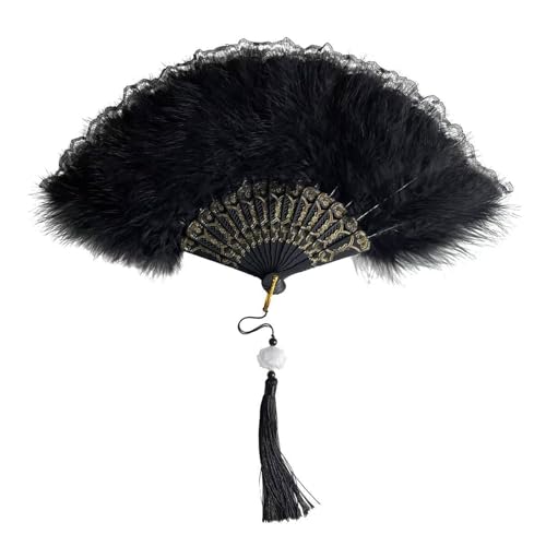 Fluffy Feather Fan Folding Handheld Lace Embroidered Flower Women Vintage Dance Bride Wedding Party Prom Christmas Carnival Decoration Supplies (Black)