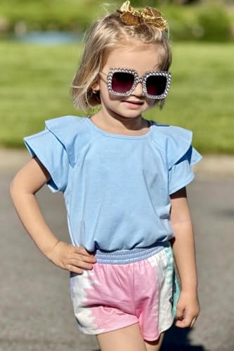 Image of Girls T Shirts Ruffle Short Sleeve Round Neck Loose Blouse Summer Solid Color Casual Girl Tee Tops for 3-12 Years