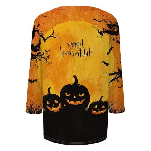 Image of Women Spooky Halloween Graphic Shirt 3 /4 Length Sleeve Crewneck Top | Halloween Funny Printed Pumpkin Plus Size Tshirts 2026 Fall Outfits Skeleton Tee Going Out Tops