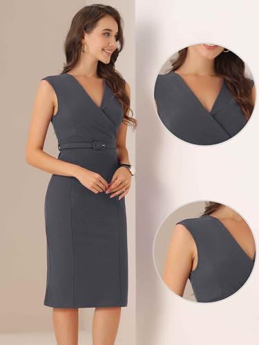 Image of Allegra K Sheath Dress for Women's Wrap V Neck Business Office Belt Sleeveless Pencil Dress