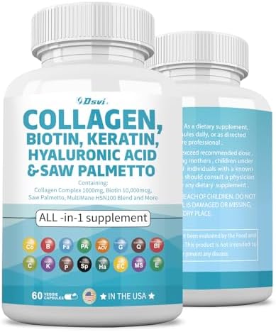 Collagen Pills 1000mg Biotin 10000mcg Keratin Saw Palmetto 2500mg Hyaluronic Acid – Hair Skin and Nails Vitamins and DHT Blocker with Vitamin E Folic Acid Pumpkin Seed MSM for Men and Women,60 Count