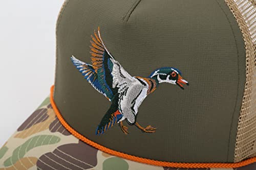 Wood Duck Trucker Rope Cap, Mesh Back, Waterfowl Duck Hunting Cap In Olive Throwback Camo #TOP5