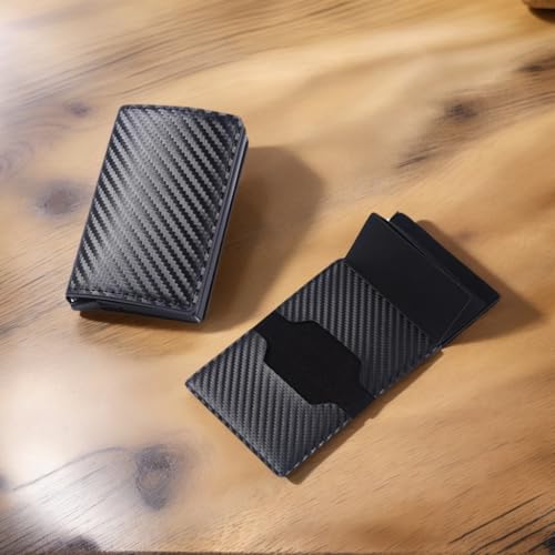 Mens Minimalist Wallet - Carbon Fiber Slim Design with Pop-Up Card Access & Cash Slot Black