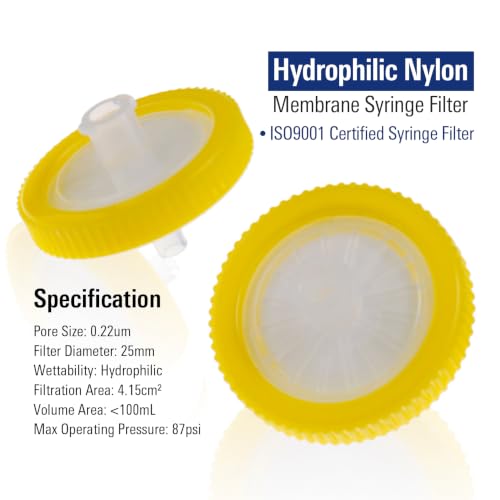 Image of PEKYBIO Sterile Syringe Filter, 25mm Nylon Filtration 0.22μm Pore Size with Yellow Smooth Ring, Individually Packed for Lab, Pack of 10