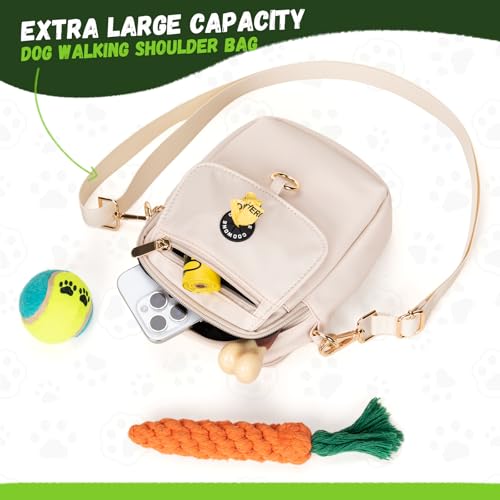 COOWONE Leckerli-Tasche für Hunde, wasserdicht, mit Kotbeutelhalter, mehrere Taschen, Kuriertasche, verstellbarer, dicker Schultergurt, zweilagige Crossbody-Tasche für Welpentraining, Wandern, beige