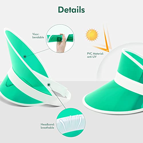 Zowya Pvc Sun Visor Hats For Women Men Plastic Visor Caps Clear Tennis Beach Cap Uv Protection Adjustable Candy Color Green thumb #2