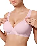 OEAK Womens Deep V Bras Wireless Comfortable Bra Supportive No Underwire Bras Tshirt Push Up Bralettes Plunge Seamless Bra L Pink